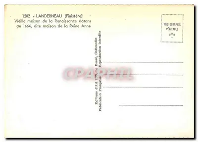 Landerneau (Finistère) — Velha casa da Renascença data de 1664, dita casa da Rainha Ana — Edições d'Art JOS, Le Doaré — Verso