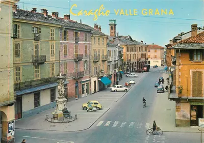 Caraglio Valle Grana — vista da praça central com fonte — editor Fotocolor Bruno Marino, n° 021