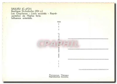 Saulieu (Côte-d'Or) — Basílica de São Andoache, capitel com leões acostados — influência oriental — Foto Combier — Verso