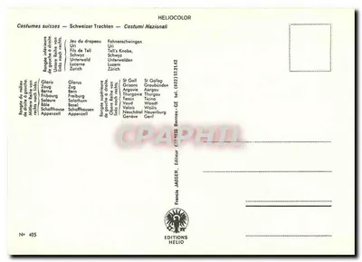Kostiumy szwajcarskie — Schweizer Trachten — Costumi Nazionali — Wydawca Jäger, nr 405 — Rewers