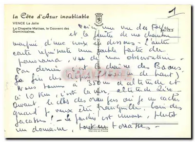 Vence — Katedra Matisse, Klasztor Dominikanów — Wydawca L'Orbicoon, n°1 — Rewers