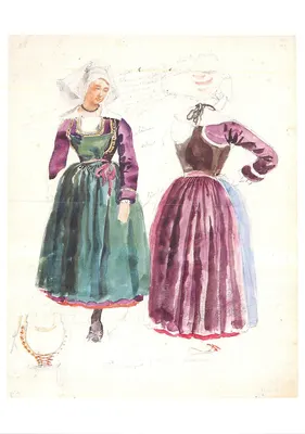 Duas mulheres em trajes tradicionais — desenho aquarela — François Hipollyte Lalaisse, 1843-1844