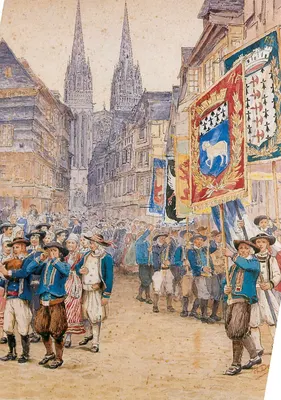 Desfile das delegações bretonas em Quimper — projeto de cartaz para a anúncio da vinda do Presidente Sadi Carnot — por J. ROLLE (1844-1923)