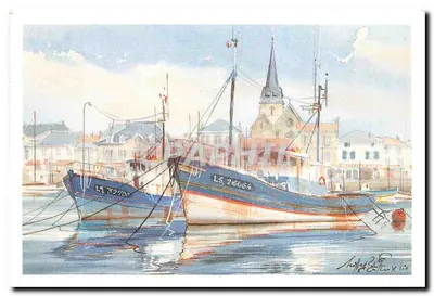 Saint-Gilles-Croix-de-Vie — Porto com dois barcos — Aquarela de Jean-Michel Seillier