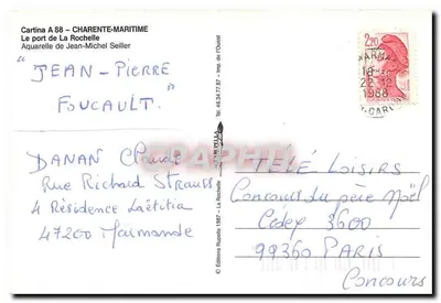 Le port de La Rochelle — aquarelle de Jean-Michel Seiller — Cartina A 88 — Verso