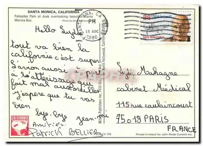 Santa Monica — vista noturna do Parque Palisades — Milich Publishers Inc. n° 705 — Verso
