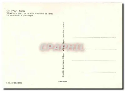 Vence (Alpes-Maritimes) — Piekny kąt Vence — Fontanna na placu Peyra — Drukarnia Combier Mâcon — Rewers