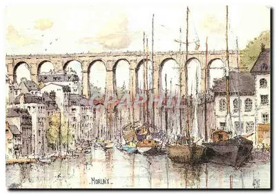 O viaduto de Morlaix — vista do porto com barcos a vela — desenho de Robert Lepine, edição S.P.A.D.E.M.