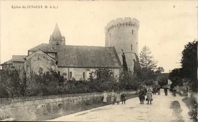 Igreja de Cunault — vista da igreja com torre redonda e grupo de crianças — M & L.