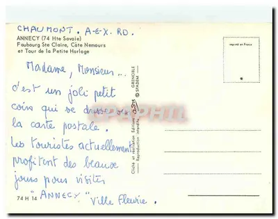 Anney (74 Hte Savoie) — Faubourg Ste Claire e Torre da Pequena Horloge — Edições SPADÈM — Verso