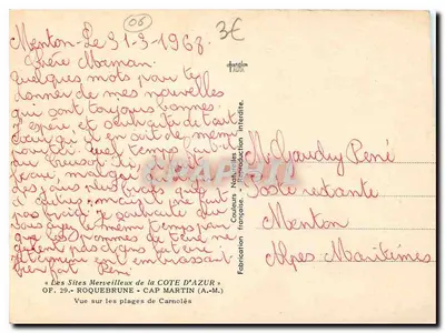 Kap Martin — Widok na plaże Carnolès — Wydawca: Roquebrune, OF. 29 — Rewers