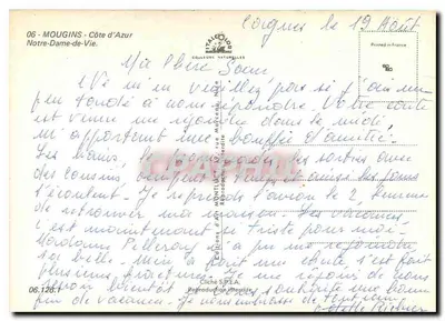 Bilhete postal moderno Mougins Costa Azul Nossa Senhora da Vida — Verso