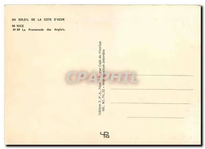 Widok Promenady Anglijskiej w Nice — wydawca Y.P.A. Nice, nr 89 — Rewers