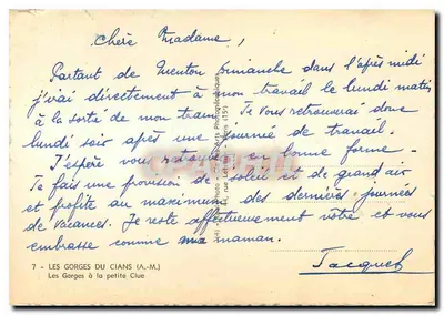 Les Gorges du Cians — vista del cañón con puente y río — editor Tacquef, n°7 — Reverso