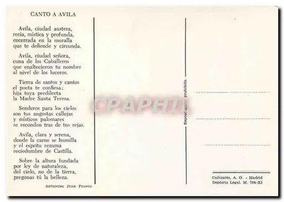 Avila — widok panoramiczny z napisem « AVILA » — wydawca Cañizares, A. G., Madrid — Rewers