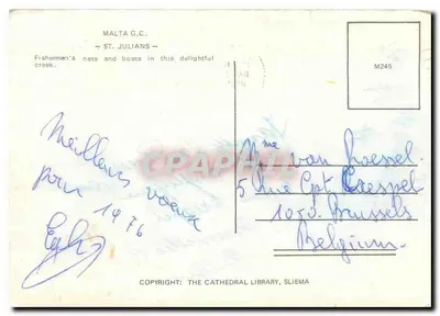 St. Julians — pescadores, redes e barcos nesse charmoso creek — editor The Cathedral Library, Sliema, n° M245 — Verso