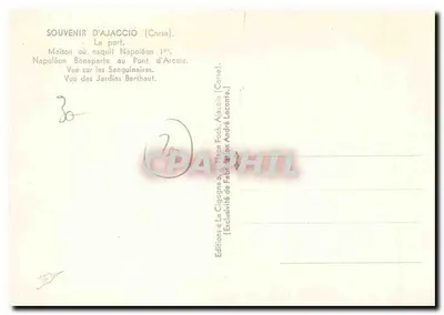 Ajaccio — Widok portu, dom urodzenia Napoleona, Ogród Berthaut — Wyd. Sa Cigogne — Rewers