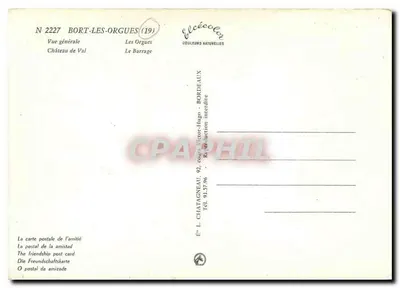 Bort-les-Orgues — Vista geral, Castelo de Val, O Barragem — Editor Elcée, N° 2227 — Verso