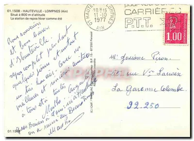 Hauteville-Lompnès (Ain) — estação de descanso a 800 m — editor P.T.T. — Verso
