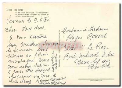 As Moças Cabeçudas — Alpes, estrada Briançon-Barcelonnette, lago Serre-Ponçon — Éditions des Alpes, n° S 1008 — Verso
