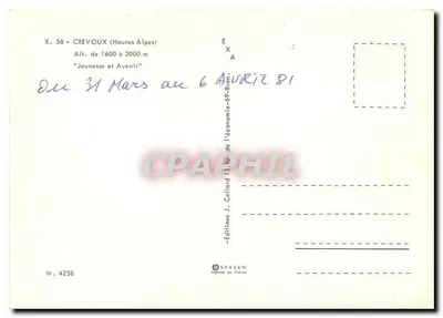 Crevoux (Hautes-Alpes) — widok zasnieżonego wioska z kaplicą — Wydawnictwo J. Cellard, n° W. 4258 — Rewers