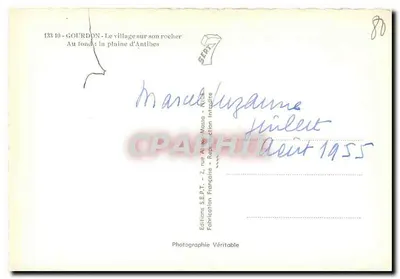 Gourdon — O vilarejo sobre sua rocha — No fundo: a planície de Antibes — Éditions S.E.P.T. — N°13310 — Verso