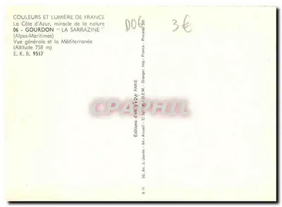 Gourdon — La Sarrazine — Vista geral e a Mediterâneo — Edições d'arte Arcuël — Verso