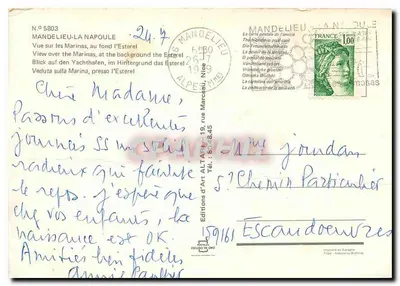 Mandelieu-La Napoule — Widok na mariny, w tle Estérel — Wydawnictwo ALTAR — Rewers