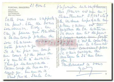 Funchal (Madeira) — Vista Oeste — Editor F. Ribiero, n° MD 119 — Verso