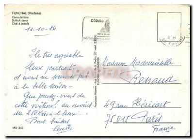 Funchal (Madeira) — Wóz drewniany ciągnięty przez byka — wydawca IRIS, n° MD 343 — Rewers