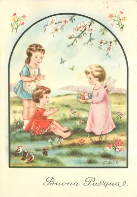 Crianças e anjo com ovos de Páscoa — F. Elbi-Ti — editor desconhecido