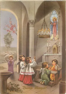 Anjos em uma igreja — cena de Páscoa — editor G.M. Dep.