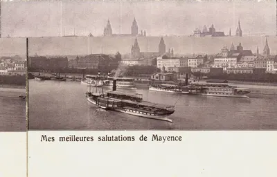 Mayence — vista do rio Reno com barcos a vapor — editor desconhecido
