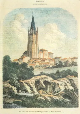 As Arênes e o campanário de Saint-Eutrope, em Saintes — Desenho de Lancelot