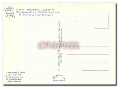 Bordeaux — Vista General sobre la Iglesia de San Miguel y el Puente de Piedra — Editor Elcée, n° 4676 — Reverso
