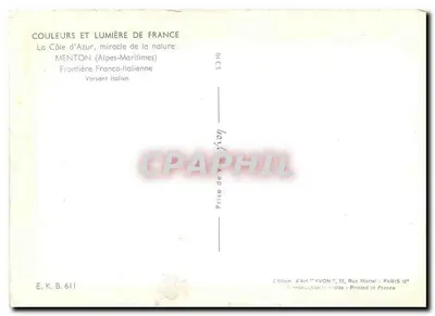 Menton (Alpes-Maritimes) — Granica francusko-italijska — Wydawca YVON, Paryż — Rewers