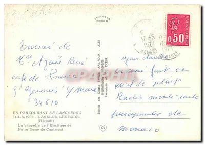 La capilla del Ermitorio de Nuestra Señora de Capimont — Lamalou-les-Bains (Hérault) — Société des Cartes Postales APA-BOUX — Reverso