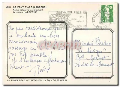 O Pont d'Arc — Arco natural sobre o rio Ardeche — Ed. PIGNOL DENIS — Verso