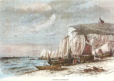 Falaises de Étretat — vista da costa com barcos e igreja — Art/Aud Frères, n° XR 159