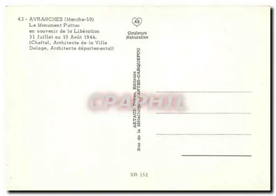 Avranches — Monument Patton — editor ARTAUD, n° XR 152 — Verso