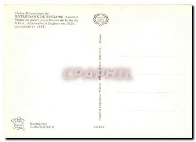 Miraculana Statua Najświętszej Maryi Panny z Buglose (Landes) — polichromatyczna statua z XV wieku — wydawca Combier Imprimeur Mâcon — Rewers