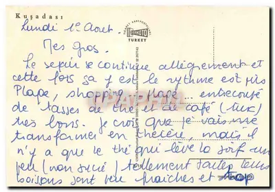 Kuşadası — widok na miasto i zamek na wyspie — wydawca TİCARET RAHİPOSTALI — Rewers