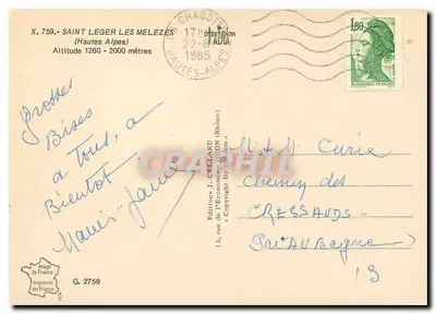 Saint Léger-les-Mélezès — Altos-Alpes — Edições J. Cellard n° 759 — Verso