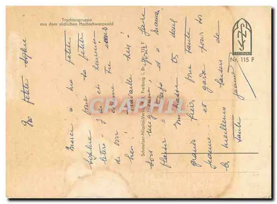 Grupa ludzi w strojach tradycyjnych z południowego Hochschwarzwald — Schmelzer-Nicolaï-Verlag, Freiburg i. Br. — N° 115 F — Rewers