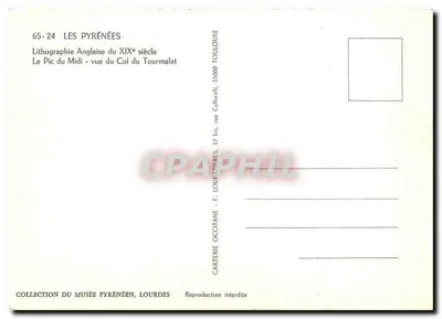 Widok Pic du Midi z Col du Courmalet — angielska litografia XIX wieku — Karta Occitana, Lourdes — Rewers