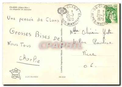 Clans (Alpes-Maritimes) — A capela de Saint-Antoine — Impressor Combiérier — Verso