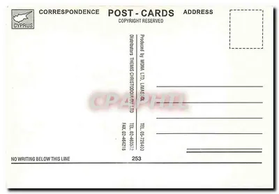 Cartão postal ilustrado da carta de Chipre — Greetings from CYPRUS — editado por MONA LTD, LIMASOL — Verso
