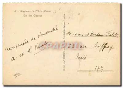 Bagnole-de-l'Orne — Rue des Casinos — Edição « LA CICOGNE » — Verso