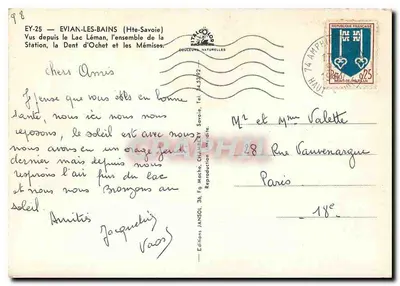 Évian-les-Bains — Vista do lago Léman, a Dent d'Ochet e as Mémises — Edições Janssou, 36, Fa. Moche, Châtel-Guy Savoie — Verso