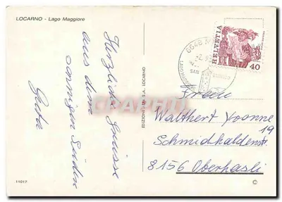 Locarno - Lago Maggiore — widok z brzegu jeziora z kwiatami i hotellem — Wydawnictwo Juba S.A. n°11017 — Rewers